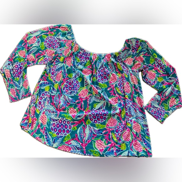 LILLY PULITZER Lana Off the Shoulder Top Maldives Green Turtle Wave Size XL - Picture 5 of 11
